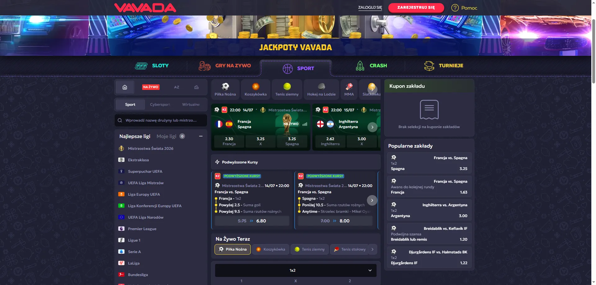 Zakłady sportowe i esport w Vavada Casino PL